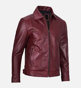 Veste en cuir de mouton véritable de qualité supérieure pour hommes, rouge vin, coupe ajustée, style motard, décontractée, classique, avec fermeture éclair - Product Image 5