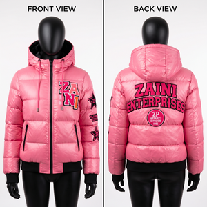 Women Puffer <b>Jacket</b> 380 GSM Premium Nylon Taslan Fabric <b>Pink</b> Quilted Custom Embroidery Chenille Patch Print OEM ODM - Product Image 1