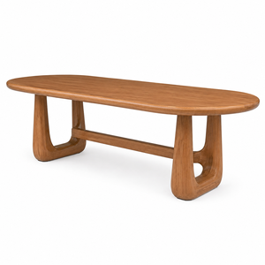 Table à manger ronde moderne en teck massif pour 8 personnes, plateau capsule, base en tréteau nordique, meubles de salle à manger faits à la main - Product Image 2