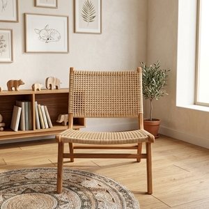 New Modern Minimalist Teak Wood Lounge Chair Natural Rattan Woven Armless Accent Chair Lazy Chair Patio Living Room Furniture - Product Image 2