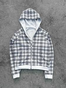 Sweat-shirt à capuche zippé pour homme, gris et blanc à carreaux, tissu tissé, style streetwear décontracté - Product Image 6