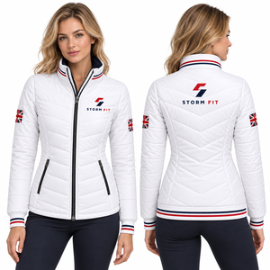 Women's <b>Quilted</b> Winter Jacket Full Sleeve Stand Collar Zipper Closure Black with <b>UK</b> Flag Patches - Product Image 5