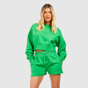 Custom Women <b>3</b> <b>Piece</b> Hoodie Shorts <b>Set</b> Premium Cotton Cropped Zip Hoodie Tank Top <b>Lounge</b> Wear OEM ODM - Product Image 1
