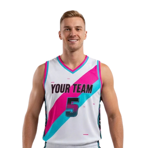 Ensemble d'uniformes de basketball personnalisés pour hommes, blanc, rose et turquoise, maillot sans manches à col en V, short, imprimé diagonal, numéros d'équipe, vêtements en gros - Product Image 3