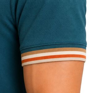 Premium Teal Blue Mens <b>Polo</b> Shirt With Beige And <b>Orange</b> Contrast Collar Shoulder Line And Sleeve Trim Custom Logo Short Sleeve - Product Image 4
