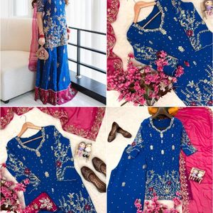 Conjunto Premium de Kurti y Palazzo de Georgette Bordado con Dupatta, Adornos de Lentejuelas, Zari y Pedrería Hechos a Mano para Mujer - Product Image 3