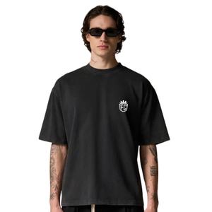 เสื้อยืดแขนสั้นสีดำทรงโอเวอร์ไซส์สำหรับผู้ชาย พิมพ์ลายเล็กน้อยที่อก ผ้าฝ้าย คอกลม สไตล์ลำลอง สตรีทแวร์ เสื้อพื้นฐาน ขายส่ง โรงงาน OEM - Product Image 5