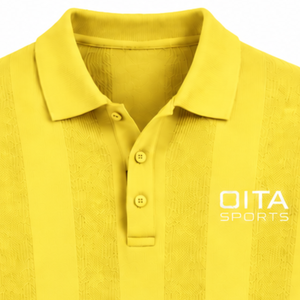 เสื้อโปโลถักแขนยาวสีเหลืองสดใสสำหรับผู้ชาย ลายทางแนวตั้งแบบมีเท็กซ์เจอร์ ปลายแขนเสื้อแบบริบ ดีไซน์สมาร์ทแคชชวล แฟชั่นพรีเมียม - Product Image 3