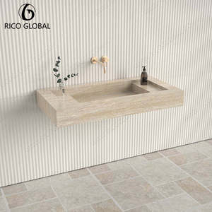 Lavabo Rectangular Moderno de Mármol para Baño, Montado en la Pared, con Acabado Pulido y Grifo con Detalles en Dorado - Product Image 4