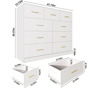 Commode double autoportante à 9 tiroirs en chêne pour chambre à coucher, armoire de rangement large pour salon, entrée, blanc - Product Image 3