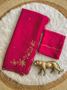 Sari Festivo de Dos Tonos con Trabajo Cutdana, Sari de Seda Crush de Lujo para Bodas, Sari de Seda Crush con Borde Triple Arco - Product Image 5