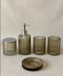 Three-piece Ribbed Glass Ceramic Eco-Friendly Bathroom Accessories <b>Set</b> <b>Soap</b> Dispenser Toothbrush Holder <b>Soap</b> Dish Cotton Jar - Product Image 3