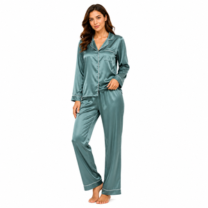 Pyjama décontracté pour femme en satin tissé 100 % polyester, manches longues, 2 pièces, motif uni, col cranté, lavable en machine, toutes tailles - Product Image 3