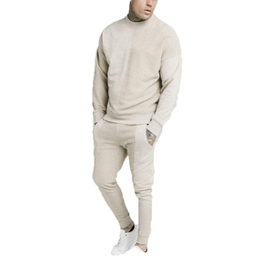 Men's Two-Tone Paneled Tracksuit - Mixed Texture Crewneck Sweatshirt & Slim Fit Jogger Set in Sand - Product Image 3