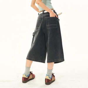 Pantalones Cortos Cargo de Cintura Alta para Mujer, Ajuste Holgado, Mezclilla Lavada a la Piedra con Cinturón, Estilo Casual, Color Sólido, Transpirables, de Lona - Product Image 6