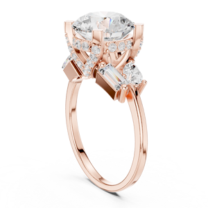 Anillo de Tres Piedras de Moissanita Redonda Brillante para Mujer, Acabado en Oro Rosa, Plata de Ley con Acento de Baguette, Anillo de Novia - Product Image 3
