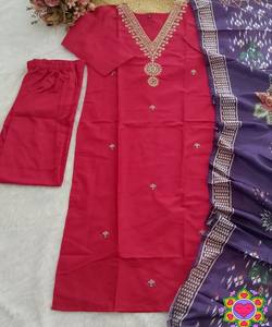 Ensemble haut et bas en coton slub fantaisie avec broderie et dupatta, tenue de fête, vêtement ethnique de luxe, rose - Product Image 2