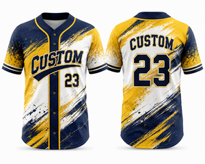 Maillot de baseball personnalisé pour homme, manches courtes, sublimé, anti-humidité, uniforme d'équipe, numéro 23, jaune, bleu marine, blanc - Product Image 1