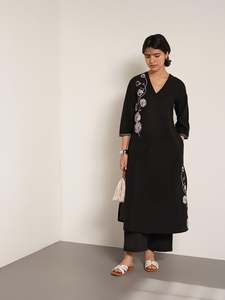 <b>Black</b> V-Neck Midi Dress With Floral Embroidery Three Quarter Sleeve Loose Fit Casual Daily Wear 100% Cotton Woven Fabric - Product Image 1