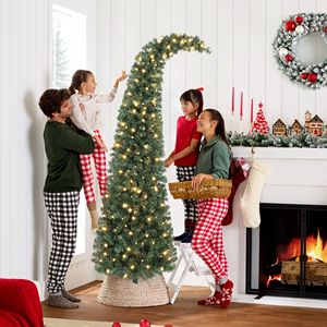 Albero di Natale Preilluminato da 2,1 m con Cima Curva, Abete di Alta Montagna Sottile e Fantasioso con 300 LED, Base in Metallo Verde, Decorazioni Natalizie - Product Image 2
