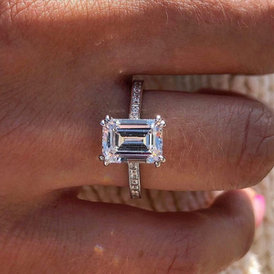 Majestic White <b>Emerald</b> Cut Diamond Solitaire Wedding Gift <b>Ring</b> Crafted With Double Claw Prong Sterling <b>Silver</b> Jewelry - Product Image 1