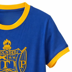 T-shirt SGRho floqué à col rond pour femme, motif lettres grecques vintage, bordure contrastante, manches courtes, décontracté, style sororité - Product Image 3