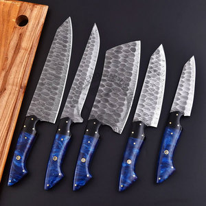 New Brand Custom Handmade Full Tang Damascus Steel 5-Piece <b>Kitchen</b> Chef <b>Knife</b> Set with Ambidextrous Blue Resin Handle - Product Image 5