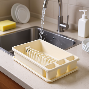 Scolapiatti in Plastica Beige Marrone con Vassoio di Drenaggio e Porta Posate, Organizzatore per Lavello da Cucina - Product Image 3