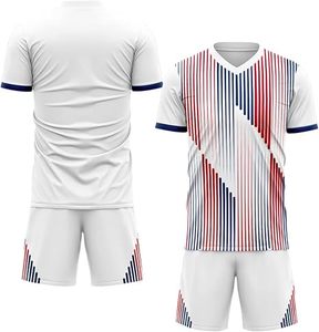 Conjunto de Camiseta de Fútbol Personalizada para Hombre, Blanca con Rayas Rojas y Azules, Cuello en V, Sublimada, Manga Corta, Transpirable, para Todas las Temporadas, Corte Regular - Product Image 1