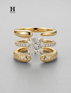 Luxury <b>Cushion</b> Cut Lab Grown Diamond Engagement <b>Ring</b> Set 3 Pieces Mixed Metal Yellow White Gold Bridal Stack - Product Image 3