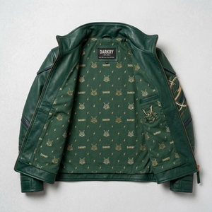 Blouson en cuir vert pour homme, style motard, avec blocs de couleur, patch brodé, col montant et fermeture éclair - Product Image 5