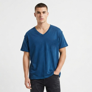 T-shirt en coton à col en V et manches courtes pour homme, style décontracté, coupe ample, jersey tricoté, style streetwear - Product Image 1