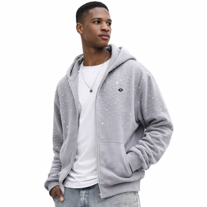 เสื้อฮู้ดซิปหนักประดับเพชรสำหรับผู้ชาย ผ้าฝ้ายฟลีซทรงโอเวอร์ไซส์ สตรีทแวร์ รับทำโลโก้ ขายส่ง ผลิตจำนวนมาก - Product Image 4