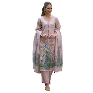 Women's Summer Linen Woven Animal Printed <b>Sequinned</b> Long Top & Pant <b>Set</b> with Dupatta - Product Image 1