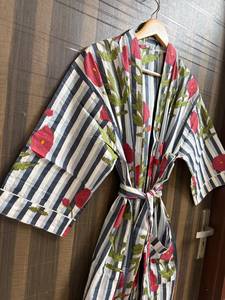 Bata Kimono de Algodón Estampado Floral a Rayas con Cuello en V y Cierre de Cordón, Transpirable, Ligera, para Mujer, Ropa de Estar por Casa, para Damas de Honor - Product Image 4