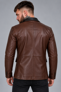 <b>Men's</b> Genuine <b>Leather</b> <b>Blazer</b> Brown and Black Two Tone Formal Suit Jacket Premium Notch Lapel Three Button Single Breasted Tailor - Product Image 5