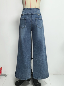 Jeans de Mezclilla de Cintura Alta y Pierna Ancha con Detalle de Botones, Lavado a la Piedra, Corte Holgado, Estilo Casual de Verano, Tela de Algodón - Product Image 4
