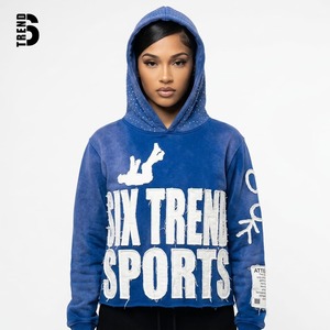 Custom Women's Streetwear Knitted Hoodie Heavyweight 400gsm Applique Patch Embroidery Raw Hem Distressed Vintage Acid Wash - Product Image 2
