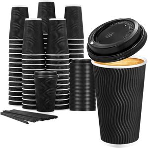Paquete de 50 Vasos Desechables para Café de 16 oz con Tapas, Vasos de Papel Corrugado Resistentes a Desgarros para Llevar, Incluye Pajitas - Product Image 1
