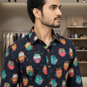 Camisa de algodón con estampado de búho para hombre, informal, de manga larga, con cuello vuelto, para verano, con estampado digital. - Product Image 4