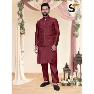 Kurta pantalon pour homme en soie Banglori de créateur avec broderie et travail de sequins, Koti maroon, Achkan Bandhgala Sherwani - Product Image 1