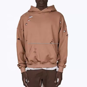 Pink <b>Brown</b> Vintage French Terry Pullover <b>Men</b> Ripped Hoodies Streetwear Oversized Blank Distressed Hoodies Cropped - Product Image 1