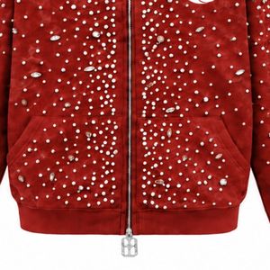 Sudadera con capucha roja ladrillo perlada con cremallera completa, chaqueta de moda urbana con tachuelas de perlas, sudadera informal con capucha de manga larga y bolsillos - Product Image 5