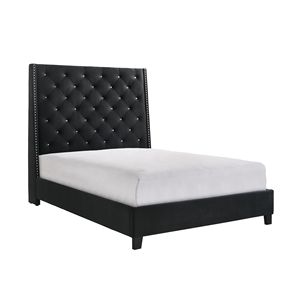 Letto matrimoniale imbottito in stile contemporaneo con pannelli, testiera capitonné con bottoni e finiture a punta, colore nero, per camera da letto - Product Image 2