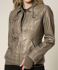 Chaqueta de cuero PU vintage para mujer, estilo casual con capucha, corte ajustado, color camel con efecto deslavado americano, ideal para otoño e invierno. - Product Image 1
