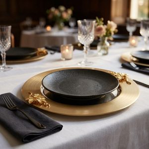 Assiette de présentation de luxe faite à la main en acier inoxydable 304, 33 cm, avec bordure en motif de lierre PVD doré, pour la décoration intérieure, les hôtels et les mariages - Product Image 2