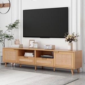 Mueble de TV Moderno Estilo Farmhouse para Televisores de hasta 85 Pulgadas, Centro de Entretenimiento de Madera Sólida con Patas de Madera Sólida y Ratán, Gabinete de Madera Sólida por Li - Product Image 3