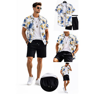 Ensemble chemise hawaïenne 2 pièces pour homme, imprimé floral tropical, manches courtes, boutonnée, avec short uni à cordon de serrage, tenue de plage - Product Image 2