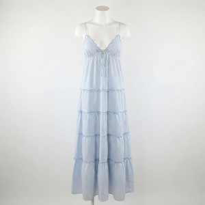Robe longue décontractée en coton tricoté bleu clair à rayures, bretelles spaghetti, taille élastique, style bohème, respirante pour l'été - Product Image 1
