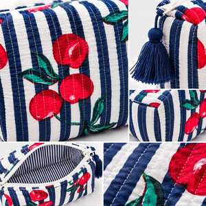 Bolsa de Cosméticos de Algodón con Estampado de Cerezas a Rayas, Tamaño Mediano, Cierre de Cremallera, Bolsa de Viaje Portátil, Estilo Bohemio - Product Image 4